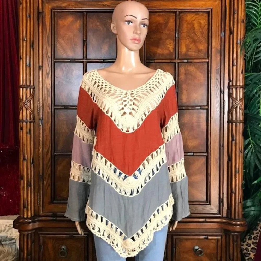 Chevron Crochet and Refined Gauze Cotton Blend Boho Top